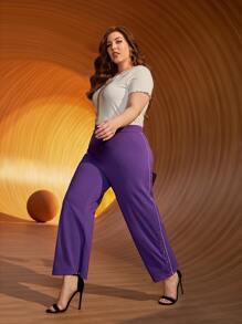 Modelyn Pantalones de pierna ancha con botón lateral con bolsillo oblicuo - Morado Violeta - Ver 3