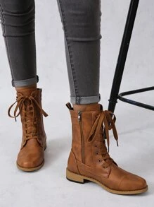 Fall/Winter 2025 Buckle Decor Side Zip Lace-Up Front Combat Boots, Unisex Brown Solid Color Buckle Strap Combat Boots - Brown - View 5