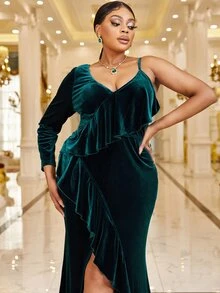 YISIKADO 大碼荷葉邊不對稱下擺絲絨連衣裙 - 墨綠色 - 查看 3