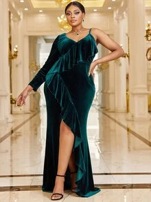 YISIKADO 大碼荷葉邊不對稱下擺絲絨連衣裙 - 墨綠色 - 查看 4