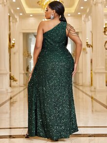 YISIKADO 大碼單肩褶邊側垂高衩亮片正式連衣裙 - 墨綠色 - 查看 2