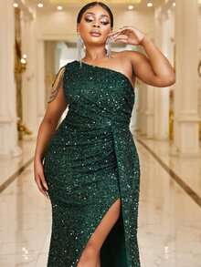 YISIKADO 大碼單肩褶邊側垂高衩亮片正式連衣裙 - 墨綠色 - 查看 6
