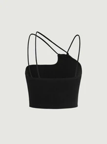 SHEIN MOD Top corto de cuello asimétrico unicolor - Negro - Ver 6