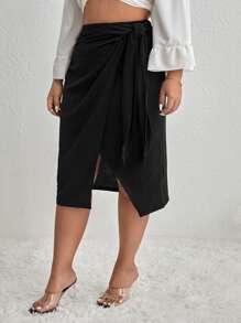 SHEIN SXY Plus Knot Side Wrap Skirt - Black - View 3