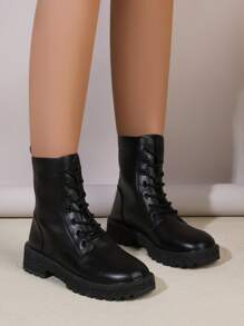 Unisex Boots, Minimalist Lace-up Combat Boots - Black - View 1