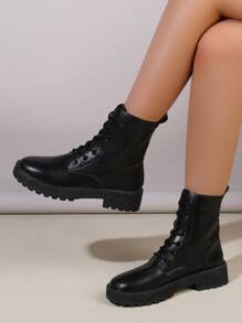 Unisex Boots, Minimalist Lace-up Combat Boots - Black - View 2