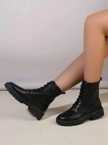 Unisex Boots, Minimalist Lace-up Combat Boots - Black - View 4
