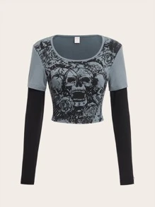 ROMWE Grunge Punk 骷髅頭圖案假兩入組T恤 - 灰色 - 查看 1