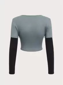 ROMWE Grunge Punk 骷髅頭圖案假兩入組T恤 - 灰色 - 查看 2