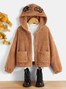 SHEIN 女孩豹紋圖案3D耳朵貼布連帽法蘭絨夾克不帶T恤