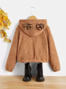 SHEIN 女孩豹紋圖案3D耳朵貼布連帽法蘭絨夾克不帶T恤