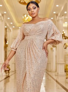 YISIKADO Plus Women Prom Party Dress Sequin Evening Dress Off Shoulder Lantern Sleeve Split Hem Wrap Dress Glittery Dress Elegant Long Dress Wedding Guest Dinner Graduation - Champagne - View 5