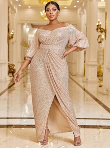 YISIKADO Plus Women Prom Party Dress Sequin Evening Dress Off Shoulder Lantern Sleeve Split Hem Wrap Dress Glittery Dress Elegant Long Dress Wedding Guest Dinner Graduation - Champagne - View 1