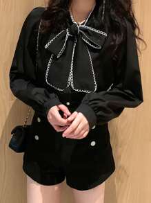 Áo sơ mi dài tay cổ buộc dây phối viền tương phản, màu đen, kiểu dáng thường ngày, thích hợp cho mùa xuân. - màu đen - Xem 1