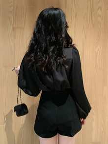 Áo sơ mi dài tay cổ buộc dây phối viền tương phản, màu đen, kiểu dáng thường ngày, thích hợp cho mùa xuân. - màu đen - Xem 2