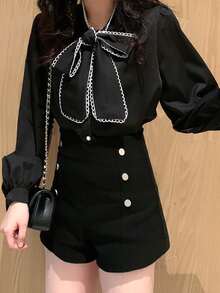 Áo sơ mi dài tay cổ buộc dây phối viền tương phản, màu đen, kiểu dáng thường ngày, thích hợp cho mùa xuân. - màu đen - Xem 3