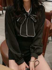 Áo sơ mi dài tay cổ buộc dây phối viền tương phản, màu đen, kiểu dáng thường ngày, thích hợp cho mùa xuân. - màu đen - Xem 5