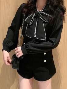 Áo sơ mi dài tay cổ buộc dây phối viền tương phản, màu đen, kiểu dáng thường ngày, thích hợp cho mùa xuân. - màu đen - Xem 6