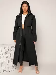 SHEIN SXY Epaulettes Design Drawstring Waist Hooded Trench Coat - Black - View 1