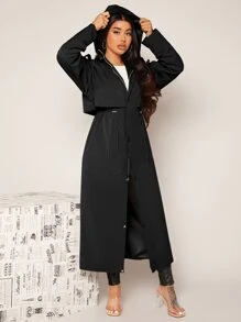 SHEIN SXY Epaulettes Design Drawstring Waist Hooded Trench Coat - Black - View 5