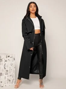 SHEIN SXY Epaulettes Design Drawstring Waist Hooded Trench Coat - Black - View 6