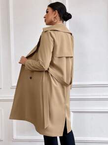 SHEIN Essnce Double Breasted Split Back Belted Trench Coat - Khaki - View 2
