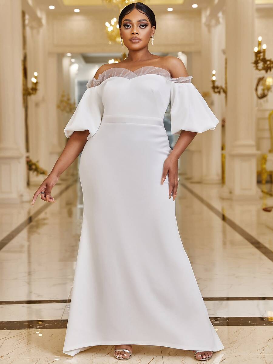 YISIKADO Plus Off Shoulder Contrast Mesh Puff Sleeve Mermaid Hem Wedding Dress - White - View 1