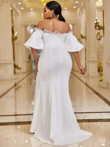 YISIKADO Plus Off Shoulder Contrast Mesh Puff Sleeve Mermaid Hem Wedding Dress - White - View 2