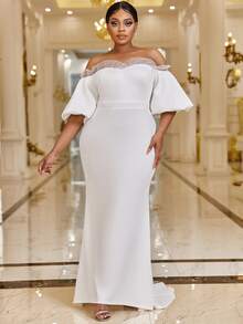 YISIKADO Plus Off Shoulder Contrast Mesh Puff Sleeve Mermaid Hem Wedding Dress - White - View 3