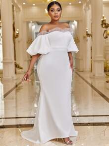 YISIKADO Plus Off Shoulder Contrast Mesh Puff Sleeve Mermaid Hem Wedding Dress - White - View 5