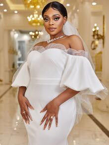 YISIKADO Plus Off Shoulder Contrast Mesh Puff Sleeve Mermaid Hem Wedding Dress - White - View 6