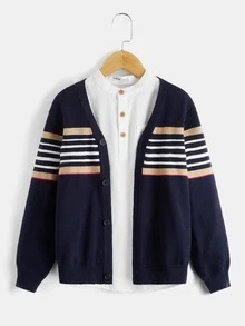 SHEIN Niños 1 pieza Cárdigan con patrón de rayas - Azul Marino - Ver 4