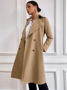 SHEIN Essnce Double Breasted Split Back Belted Trench Coat - Khaki - View 3