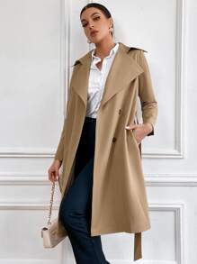SHEIN Essnce Double Breasted Split Back Belted Trench Coat - Khaki - View 4