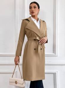 SHEIN Essnce Double Breasted Split Back Belted Trench Coat - Khaki - View 5