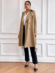 SHEIN Essnce Double Breasted Split Back Belted Trench Coat - Khaki - View 6