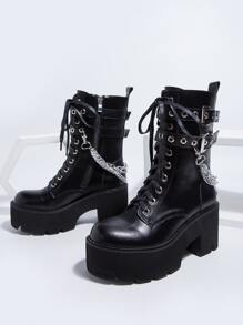 Fall/Winter Women's European Punk Style Chain-Decor Stiletto Heel Black Ankle Boots For Party - Black - View 1