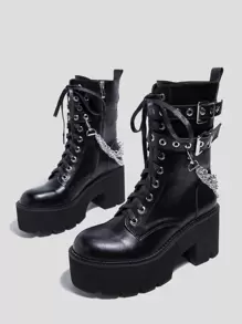 Fall/Winter Women's European Punk Style Chain-Decor Stiletto Heel Black Ankle Boots For Party - Black - View 2