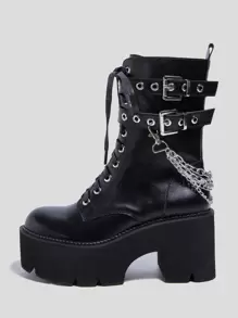 Fall/Winter Women's European Punk Style Chain-Decor Stiletto Heel Black Ankle Boots For Party - Black - View 4