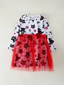 Toddler Girls Halloween Print Mesh Panel Dress - Multicolor - View 1
