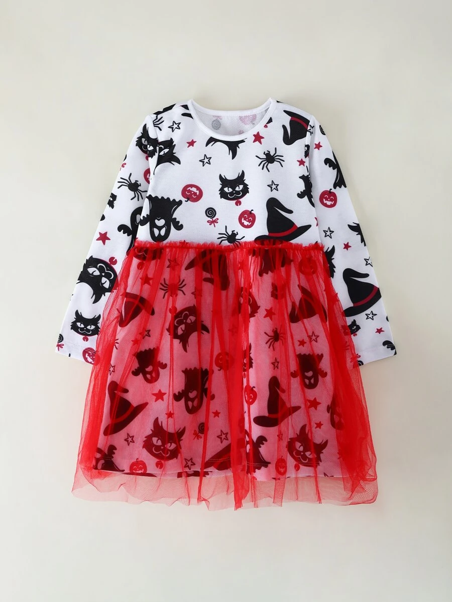 Toddler Girls Halloween Print Mesh Panel Dress - Multicolor - View 1