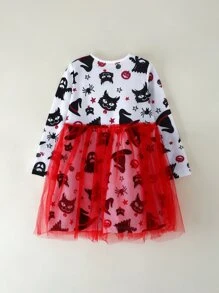 Toddler Girls Halloween Print Mesh Panel Dress - Multicolor - View 2