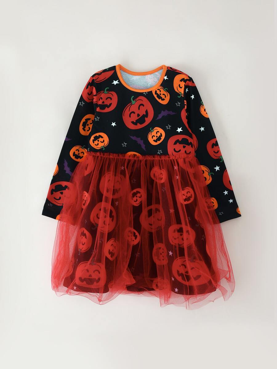 Toddler Girls Halloween Print Mesh Panel Dress - Multicolor - View 1