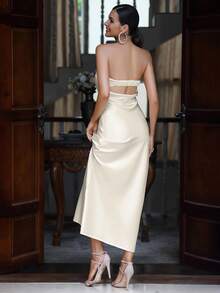 Solid Satin Tube Formal Dress - Apricot - View 2