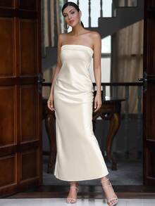 Solid Satin Tube Formal Dress - Apricot - View 3