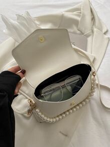 Waterproof,Lightweight,Business Casual Mini Bow & Faux Pearl Decor Flap Square Bag For Teen Girls Women College Students,Rookies & White-collar Workers Perfect for Office,College,Work ,Business,Commute,Outdoors, Travel, Outings - White - View 3