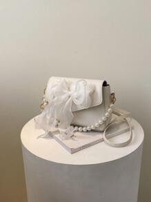 Waterproof,Lightweight,Business Casual Mini Bow & Faux Pearl Decor Flap Square Bag For Teen Girls Women College Students,Rookies & White-collar Workers Perfect for Office,College,Work ,Business,Commute,Outdoors, Travel, Outings - White - View 4