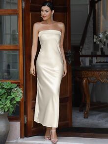 Solid Satin Tube Formal Dress - Apricot - View 4