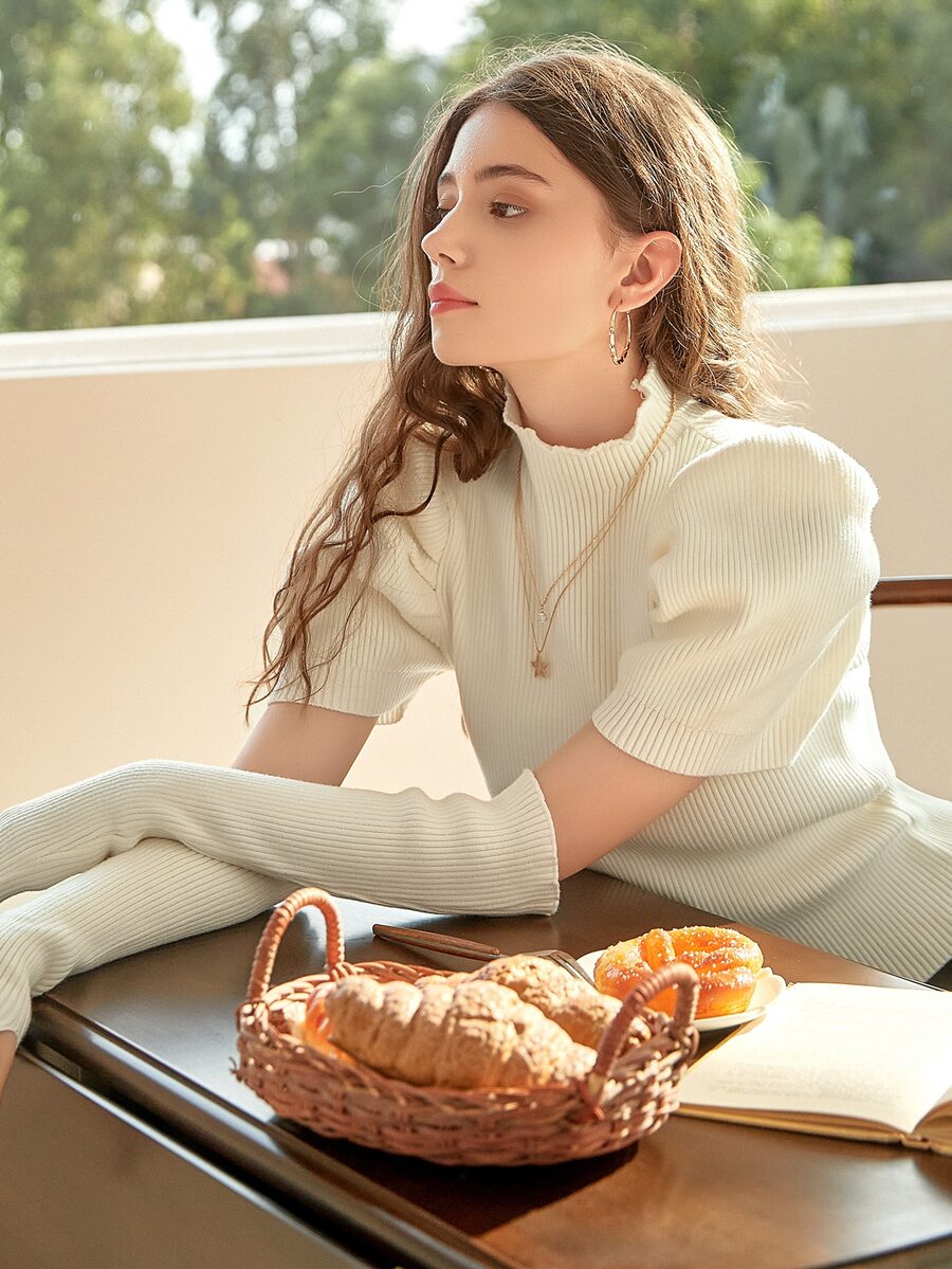 Knit Mix Mock Neck Puff Sleeve Ribbed Knit Top & Arm Sleeves - Beige - View 1