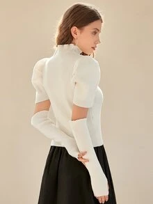 Knit Mix Mock Neck Puff Sleeve Ribbed Knit Top & Arm Sleeves - Beige - View 2